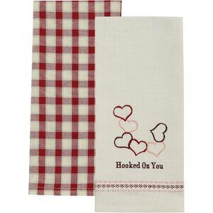 Red & White Checkered "Hooked On You" Kitchen Dish Towels Set Of 2